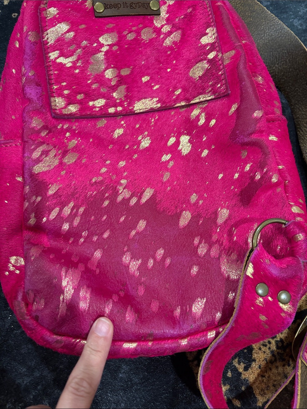 Keep It Gypsy Pink Gold Splatter Faux Fur Mini Backpack Crossbody LV Patch - Picture 4 of 6